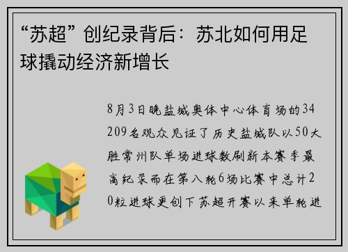“苏超” 创纪录背后：苏北如何用足球撬动经济新增长