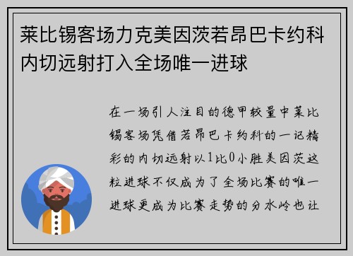 莱比锡客场力克美因茨若昂巴卡约科内切远射打入全场唯一进球